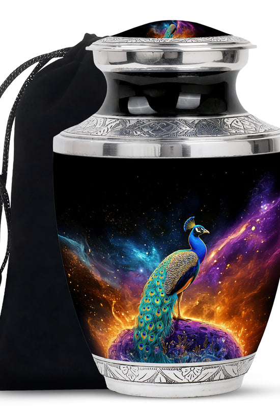 Peacock Galaxy Memorial Urn - Beautiful Black Aluminium Urn For Adult Ashes