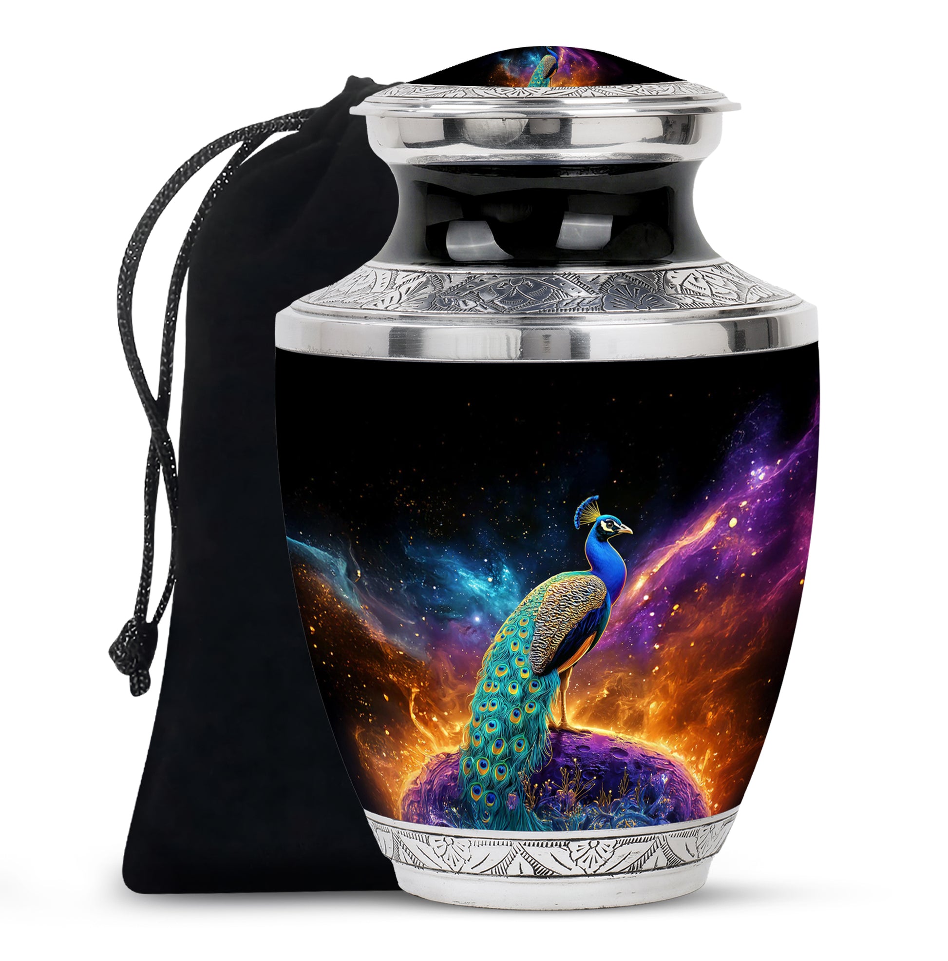 Peacock Galaxy Memorial Urn - Beautiful Black Aluminium Urn For Adult Ashes