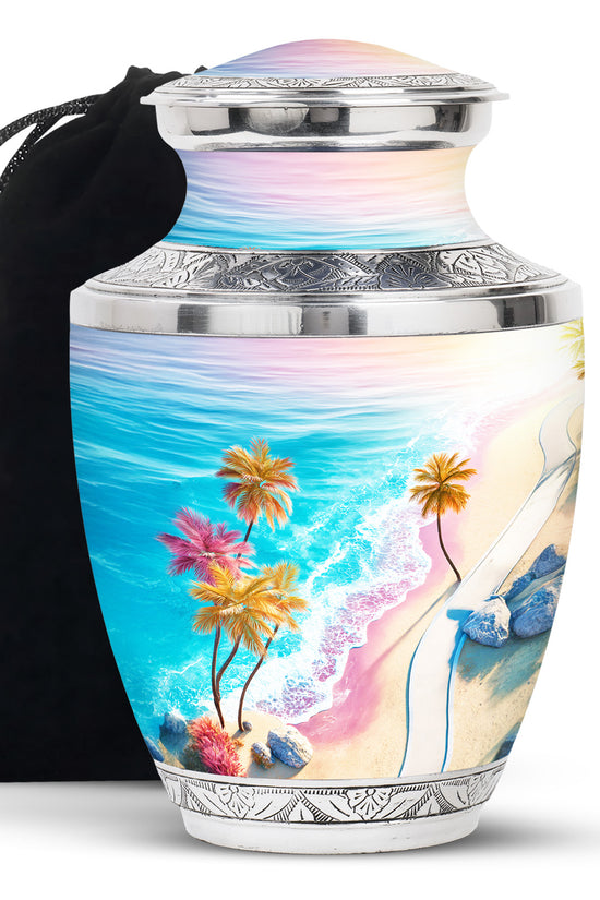 Blue Sea Urn Memorial For Ashes - Palm Trees Cremation Urn For Men