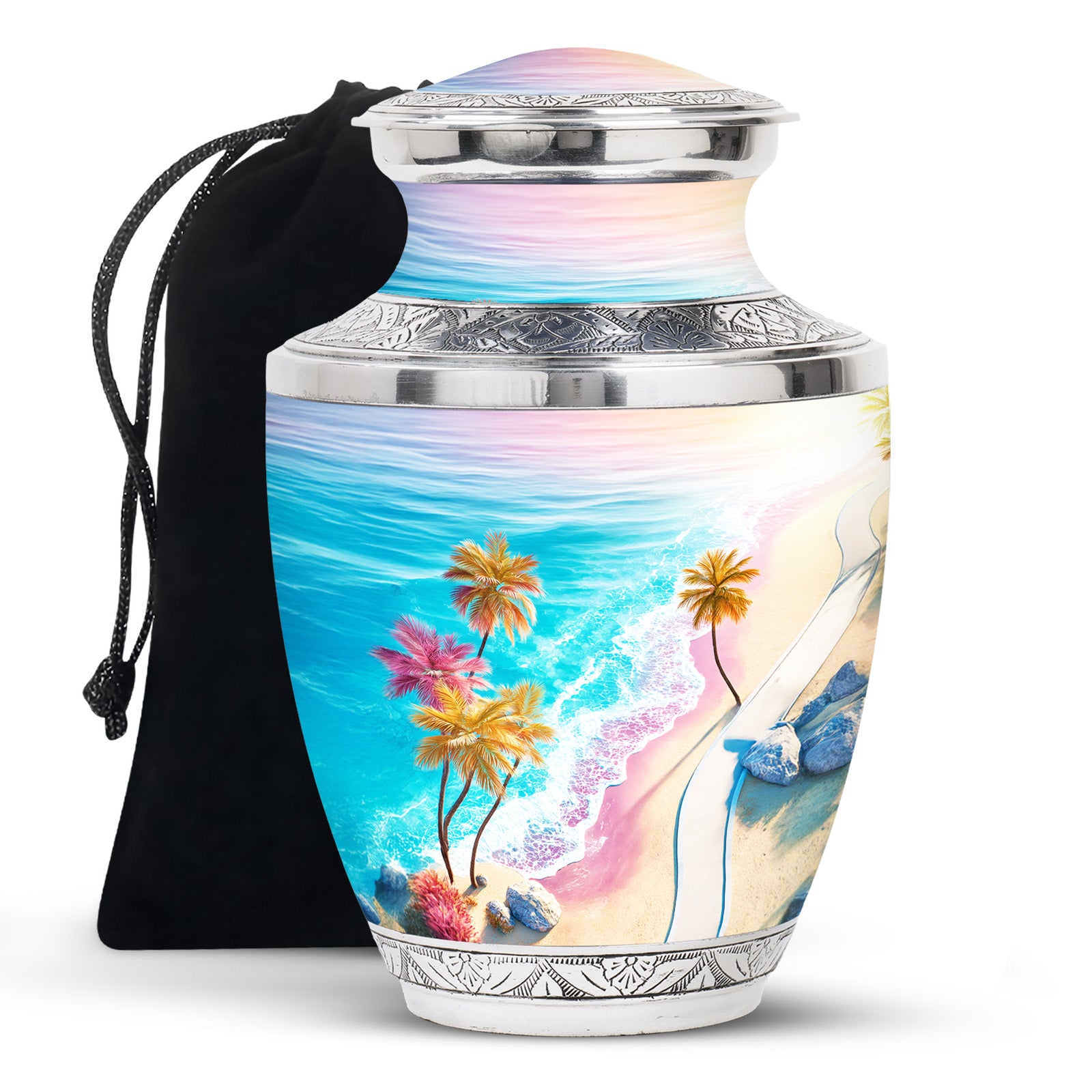 Blue Sea Urn Memorial For Ashes - Palm Trees Cremation Urn For Men