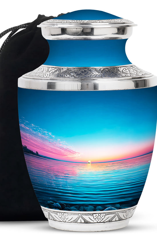 Blue Ocean Memorial Urn For Funeral - Sunset Cremation Urn For Ashes