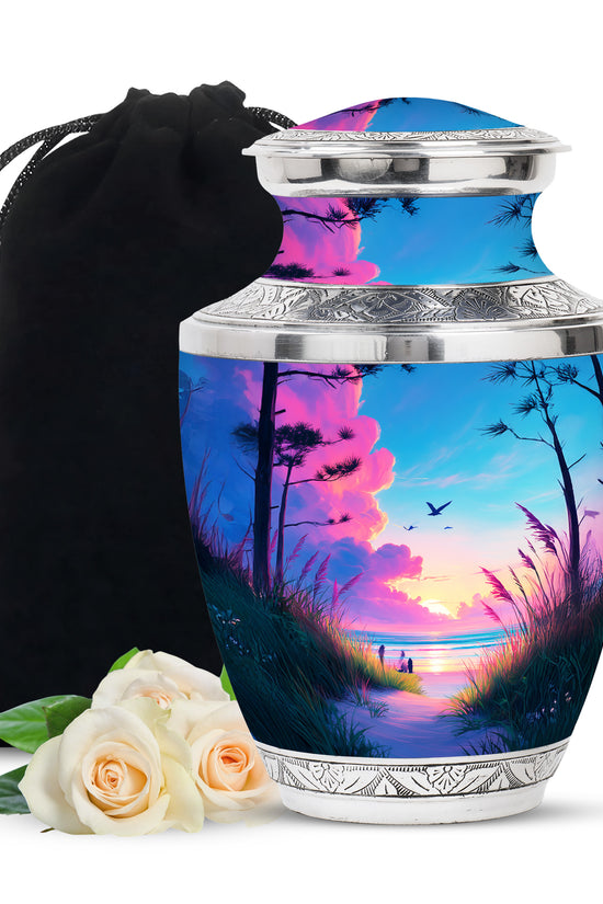 Beach Memorial Ashes Urn For Men - Pink Sunset Urn For Ashes