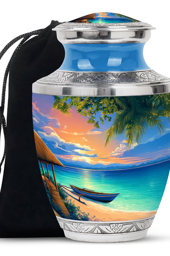 Tropical Boat Memorial Urn - Peaceful Beach Cremation Urn For Human Ashes
