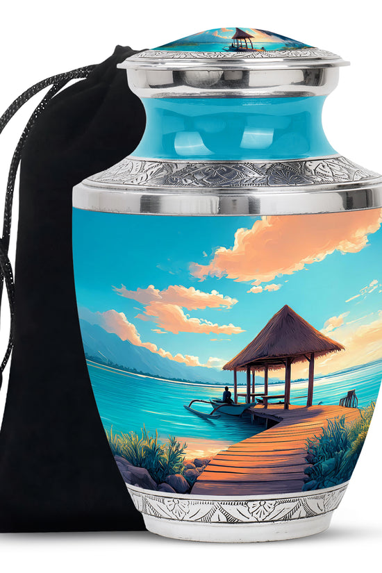 Beautiful Beach Cremation Urn - Blue Aluminum Funeral Urn For Burial