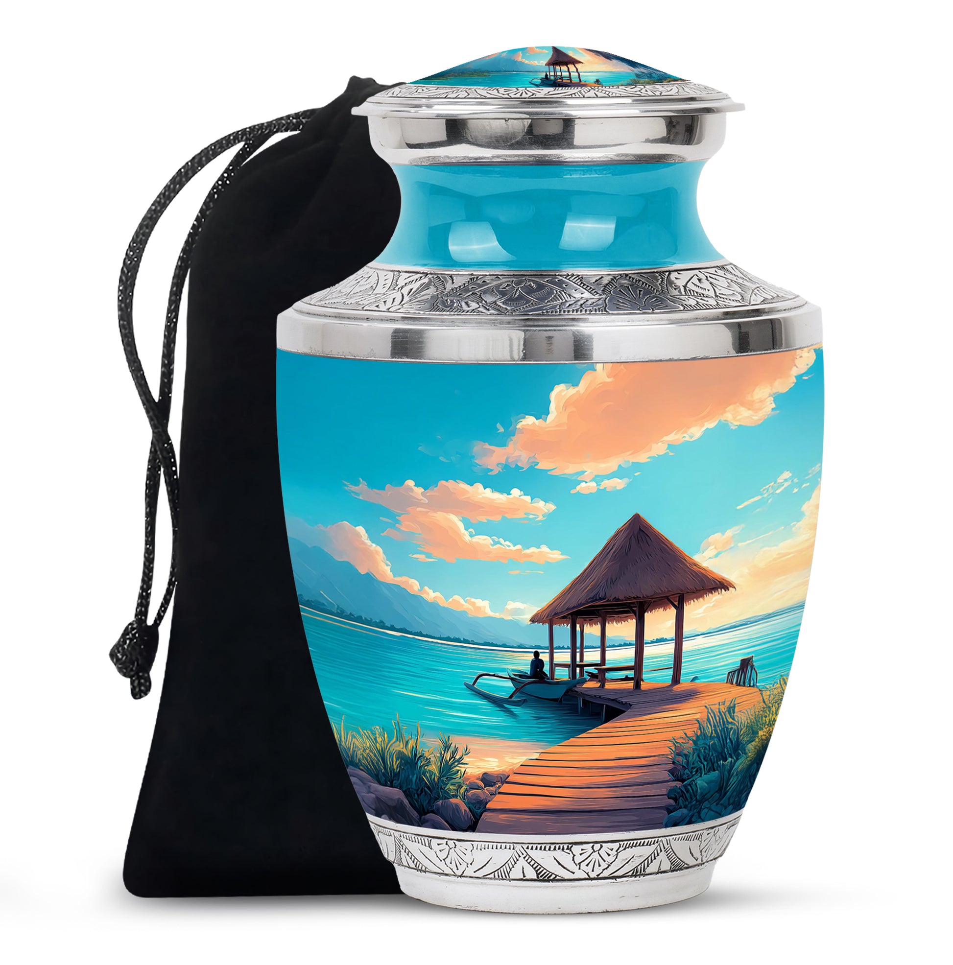 Beautiful Beach Cremation Urn - Blue Aluminum Funeral Urn For Burial