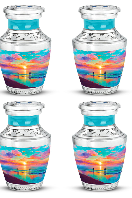 Mystic Teal Beach Cremation Urn back view with polished surface - stylized abstract beach pattern with bold lines - 10 inch aluminum urn for cremated remains