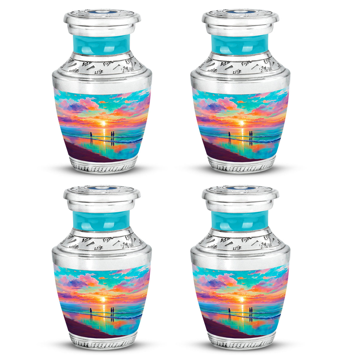 Mystic Teal Beach Cremation Urn back view with polished surface - stylized abstract beach pattern with bold lines - 10 inch aluminum urn for cremated remains