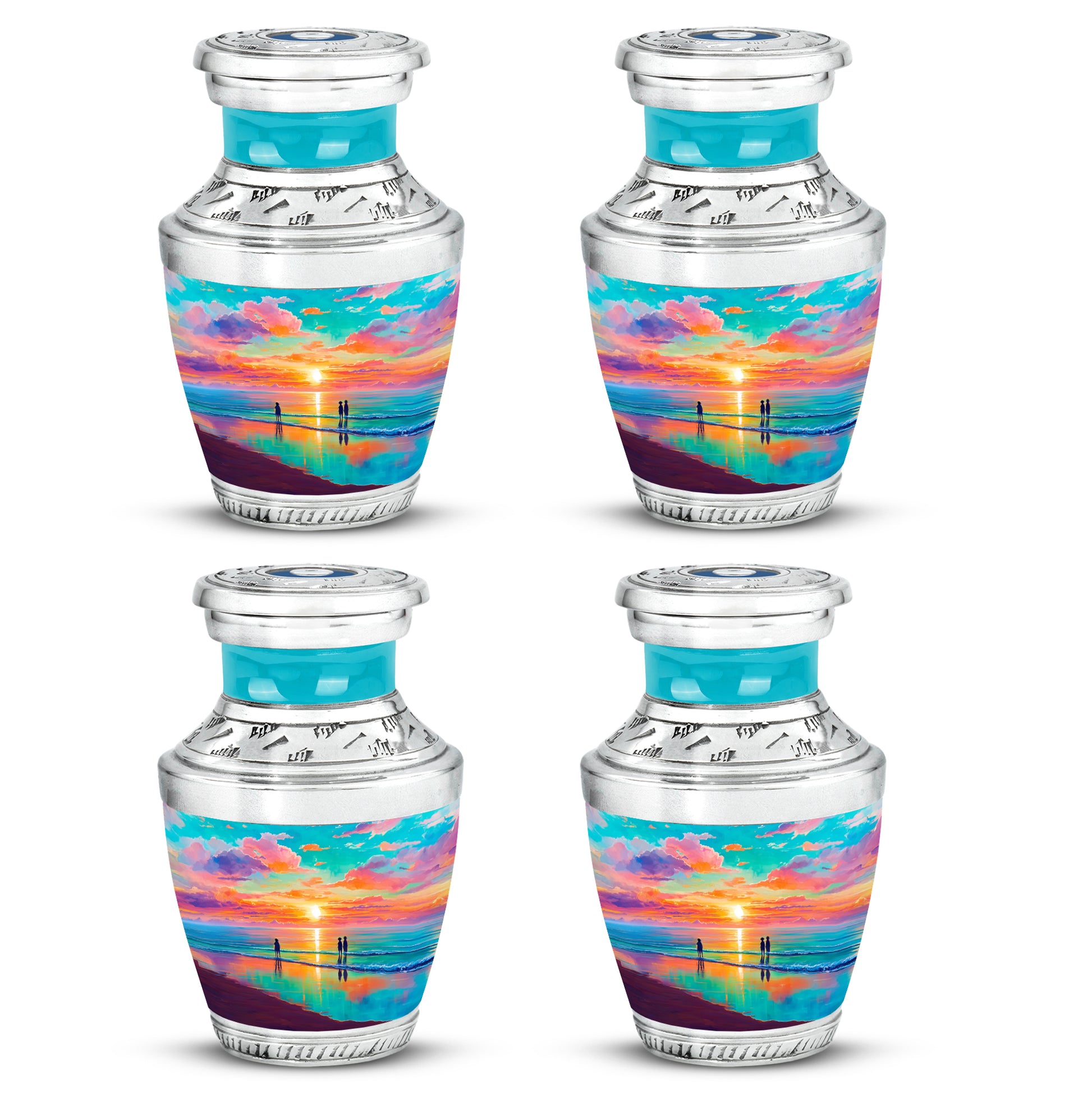 Mystic Teal Beach Cremation Urn back view with polished surface - stylized abstract beach pattern with bold lines - 10 inch aluminum urn for cremated remains