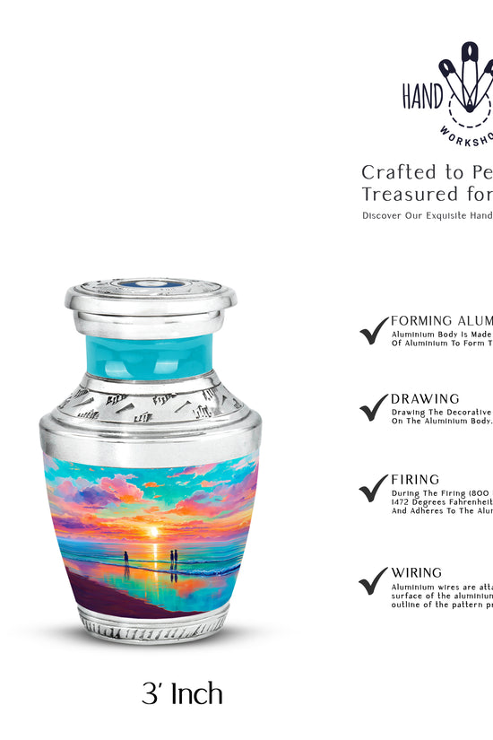 Aqua Teal Beach Cremation Urn top-down view of secure threaded lid - artistic beach interpretation with creative detail - mini keepsake memorial for portion of cremation ashes