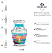 Aqua Teal Beach Cremation Urn top-down view of secure threaded lid - artistic beach interpretation with creative detail - mini keepsake memorial for portion of cremation ashes