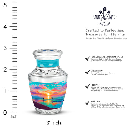 Aqua Teal Beach Cremation Urn top-down view of secure threaded lid - artistic beach interpretation with creative detail - mini keepsake memorial for portion of cremation ashes