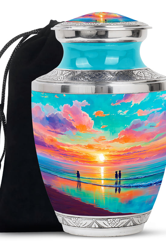 Sea Green Teal Beach Cremation Urn side profile showing urn shape - modern art-inspired beach motif on sleek aluminum - full-size 10 inch 200 cubic inch adult cremation urn