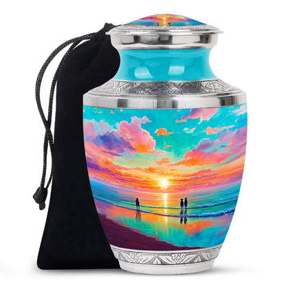 Sea Green Teal Beach Cremation Urn side profile showing urn shape - modern art-inspired beach motif on sleek aluminum - full-size 10 inch 200 cubic inch adult cremation urn
