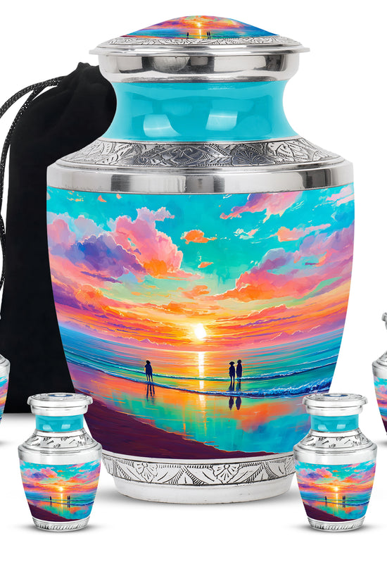 Sea Green Teal Beach Cremation Urn lifestyle display on memorial shelf - contemporary beach design with modern artistic flair - memorial set with one large and four small urns