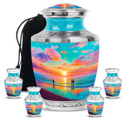 Sea Green Teal Beach Cremation Urn lifestyle display on memorial shelf - contemporary beach design with modern artistic flair - memorial set with one large and four small urns