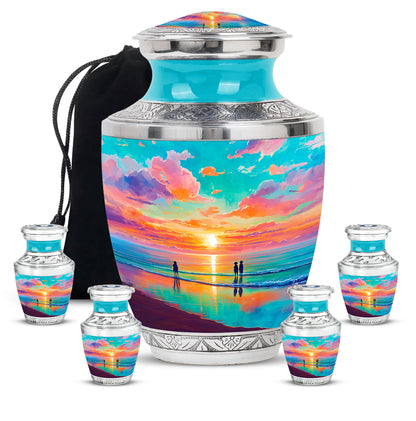 Sea Green Teal Beach Cremation Urn lifestyle display on memorial shelf - contemporary beach design with modern artistic flair - memorial set with one large and four small urns