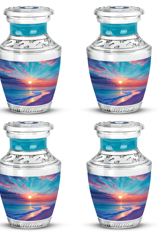 Ocean Teal Beach Cremation Urn back view with polished surface - modern art-inspired beach motif on sleek aluminum - 10 inch aluminum urn for cremated remains