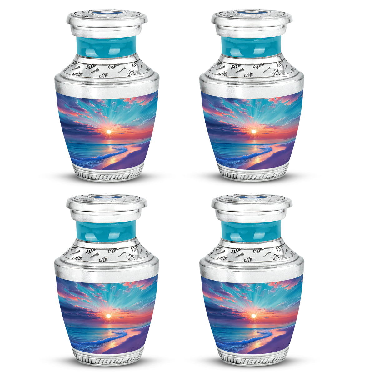 Ocean Teal Beach Cremation Urn back view with polished surface - modern art-inspired beach motif on sleek aluminum - 10 inch aluminum urn for cremated remains