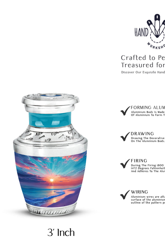 Jewel Teal Beach Cremation Urn top-down view of secure threaded lid - contemporary beach design with modern artistic flair - mini keepsake memorial for portion of cremation ashes