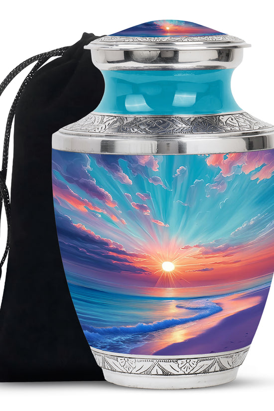 Cool Teal Beach Cremation Urn side profile showing urn shape - modern art-inspired beach motif on sleek aluminum - full-size 10 inch 200 cubic inch adult cremation urn
