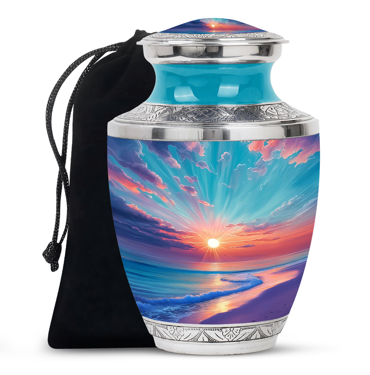 Cool Teal Beach Cremation Urn side profile showing urn shape - modern art-inspired beach motif on sleek aluminum - full-size 10 inch 200 cubic inch adult cremation urn