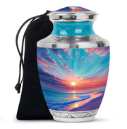 Cool Teal Beach Cremation Urn side profile showing urn shape - modern art-inspired beach motif on sleek aluminum - full-size 10 inch 200 cubic inch adult cremation urn