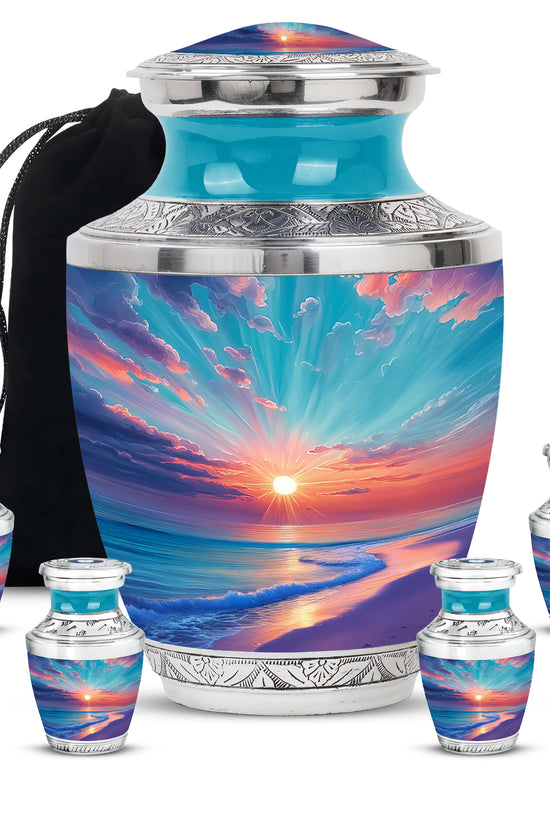 Mystic Teal Beach Cremation Urn lifestyle display on memorial shelf - artistic beach interpretation with creative detail - memorial set with one large and four small urns