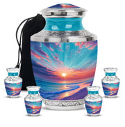 Mystic Teal Beach Cremation Urn lifestyle display on memorial shelf - artistic beach interpretation with creative detail - memorial set with one large and four small urns