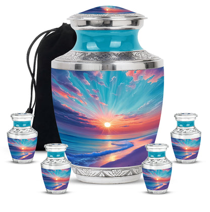 Mystic Teal Beach Cremation Urn lifestyle display on memorial shelf - artistic beach interpretation with creative detail - memorial set with one large and four small urns