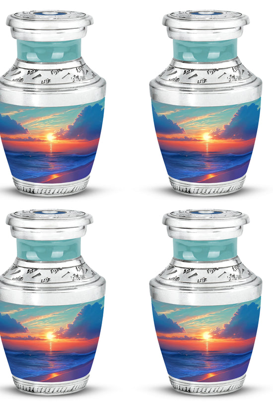 Cool Teal Beach Cremation Urn back view with polished surface - contemporary beach design with modern artistic flair - 10 inch aluminum urn for cremated remains