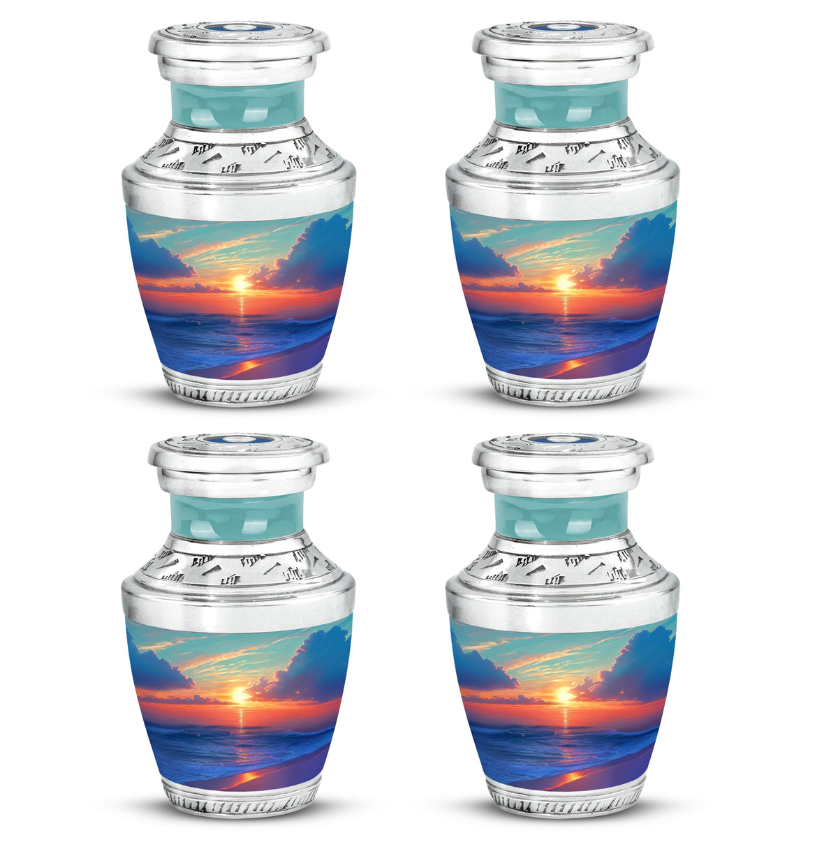 Cool Teal Beach Cremation Urn back view with polished surface - contemporary beach design with modern artistic flair - 10 inch aluminum urn for cremated remains
