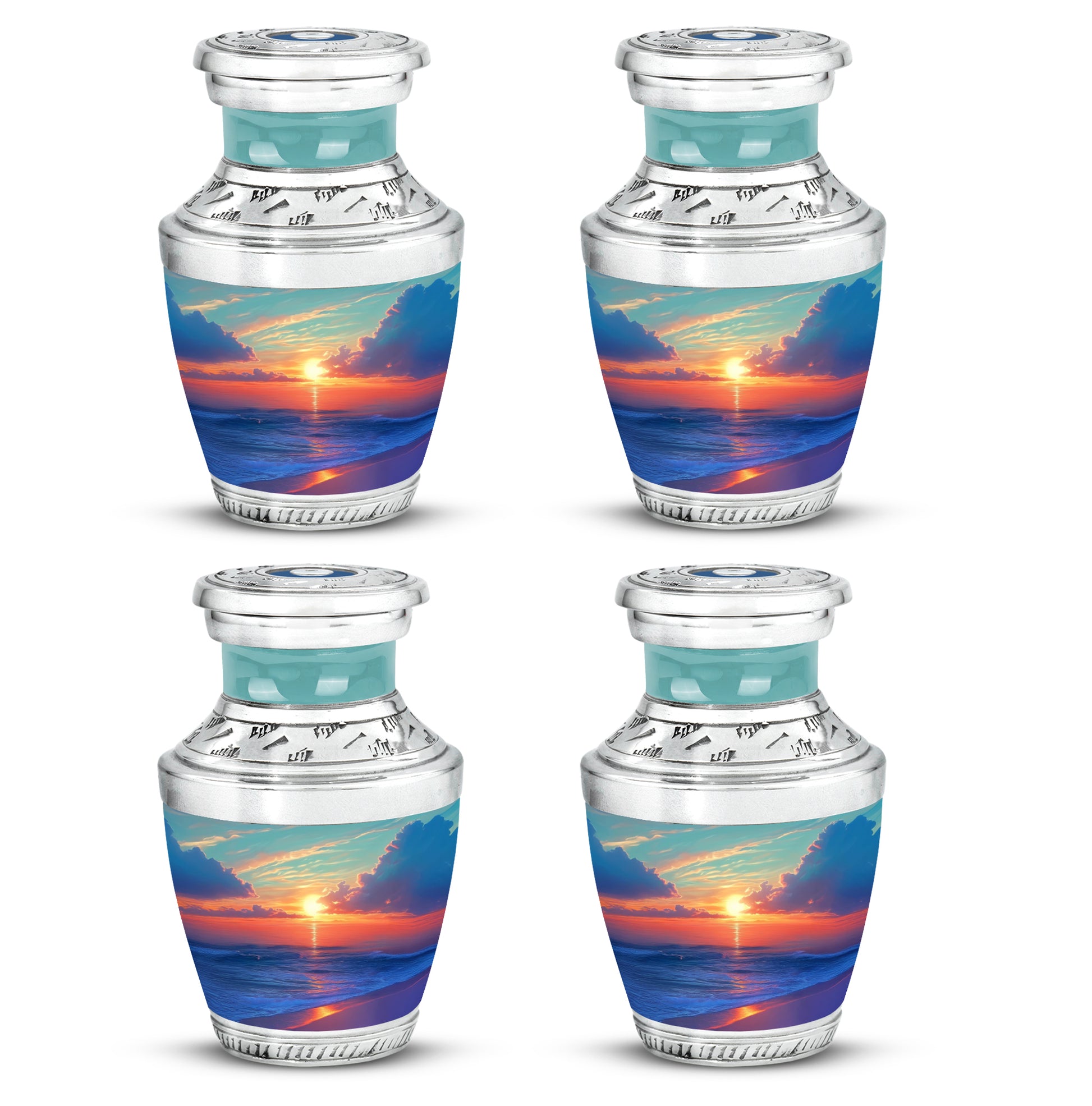 Cool Teal Beach Cremation Urn back view with polished surface - contemporary beach design with modern artistic flair - 10 inch aluminum urn for cremated remains