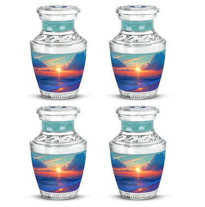 Cool Teal Beach Cremation Urn back view with polished surface - contemporary beach design with modern artistic flair - 10 inch aluminum urn for cremated remains