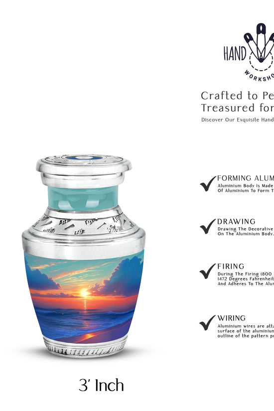 Vivid Teal Beach Cremation Urn top-down view of secure threaded lid - artistic beach interpretation with creative detail - mini keepsake memorial for portion of cremation ashes
