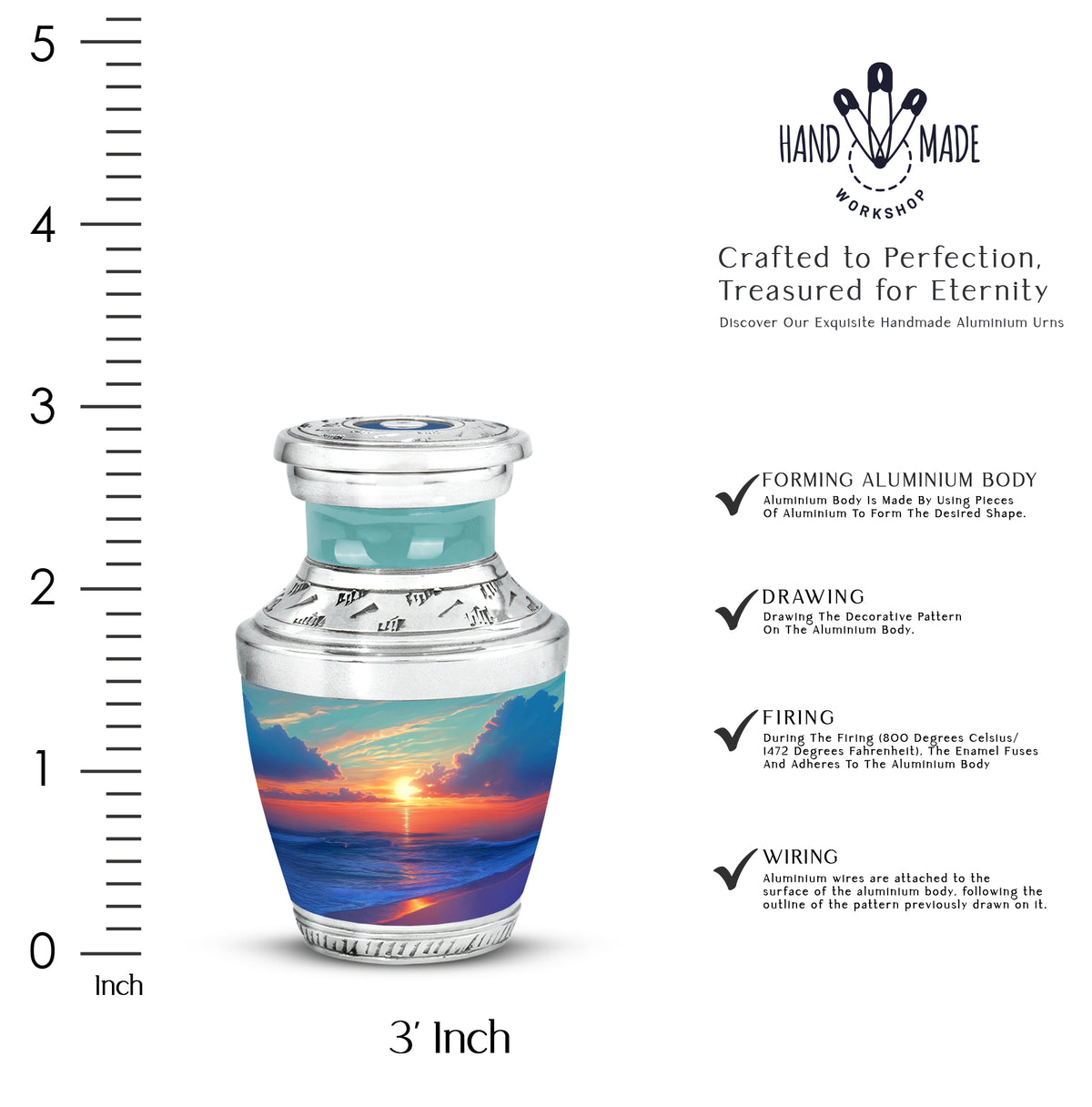 Vivid Teal Beach Cremation Urn top-down view of secure threaded lid - artistic beach interpretation with creative detail - mini keepsake memorial for portion of cremation ashes