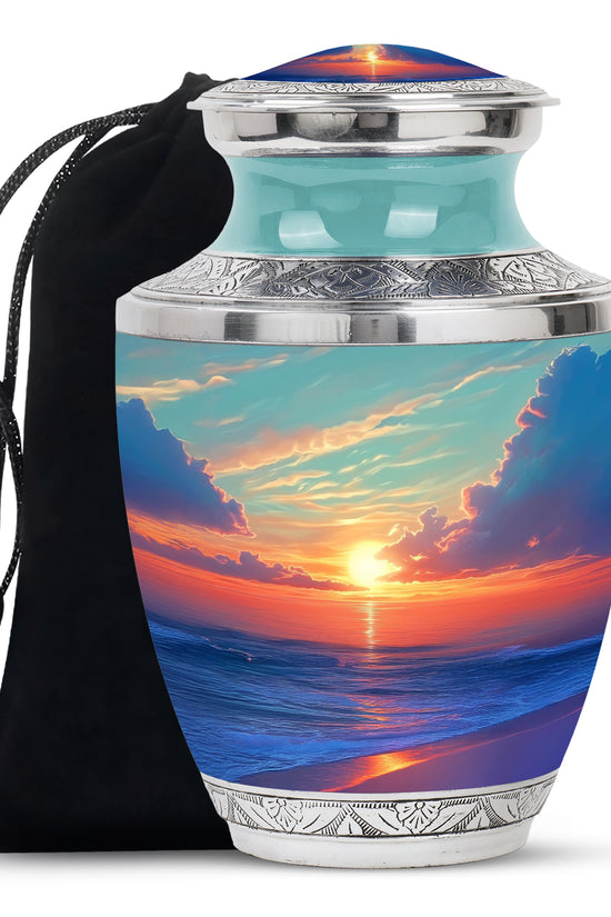 Deep Teal Beach Cremation Urn side profile showing urn shape - stylized abstract beach pattern with bold lines - full-size 10 inch 200 cubic inch adult cremation urn
