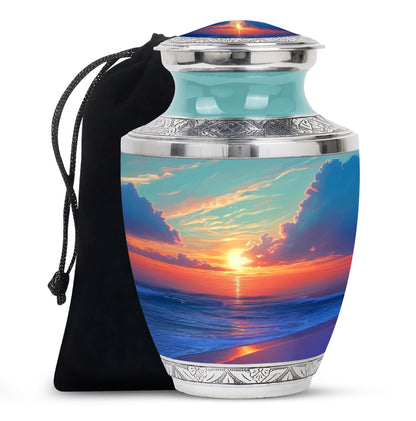 Deep Teal Beach Cremation Urn side profile showing urn shape - stylized abstract beach pattern with bold lines - full-size 10 inch 200 cubic inch adult cremation urn