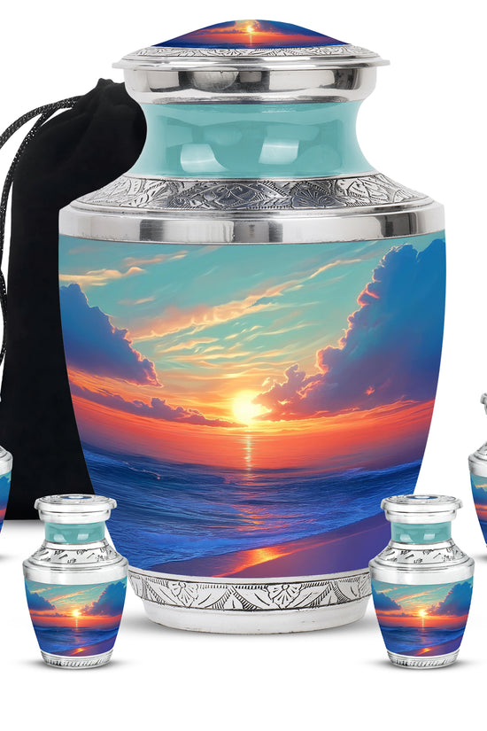 Tropical Teal Beach Cremation Urn lifestyle display on memorial shelf - artistic beach interpretation with creative detail - memorial set with one large and four small urns