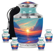 Tropical Teal Beach Cremation Urn lifestyle display on memorial shelf - artistic beach interpretation with creative detail - memorial set with one large and four small urns