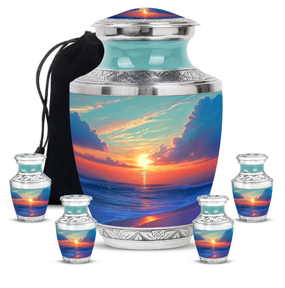 Tropical Teal Beach Cremation Urn lifestyle display on memorial shelf - artistic beach interpretation with creative detail - memorial set with one large and four small urns