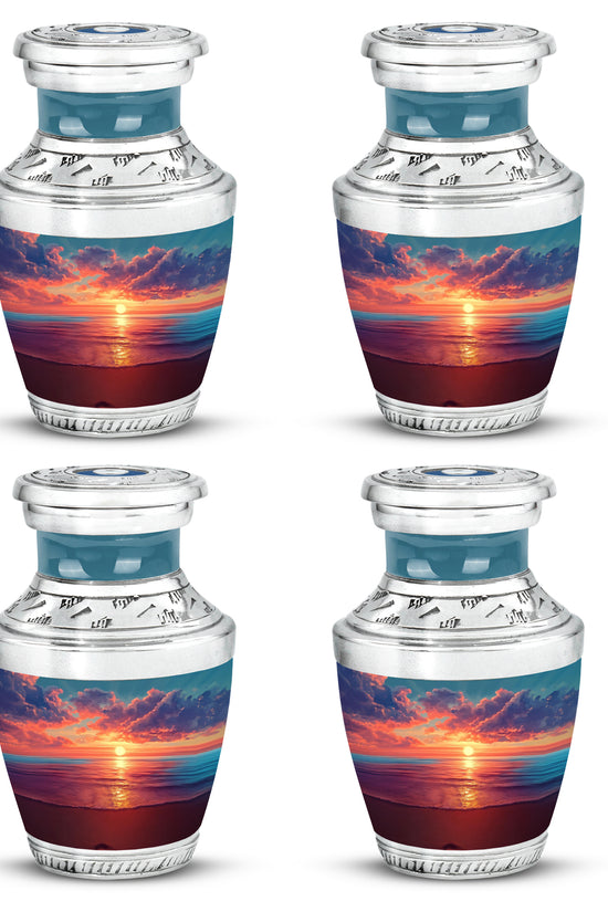 Sapphire Blue Beach Cremation Urn back view with polished surface - artistic beach interpretation with creative detail - 10 inch aluminum urn for cremated remains
