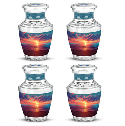 Sapphire Blue Beach Cremation Urn back view with polished surface - artistic beach interpretation with creative detail - 10 inch aluminum urn for cremated remains