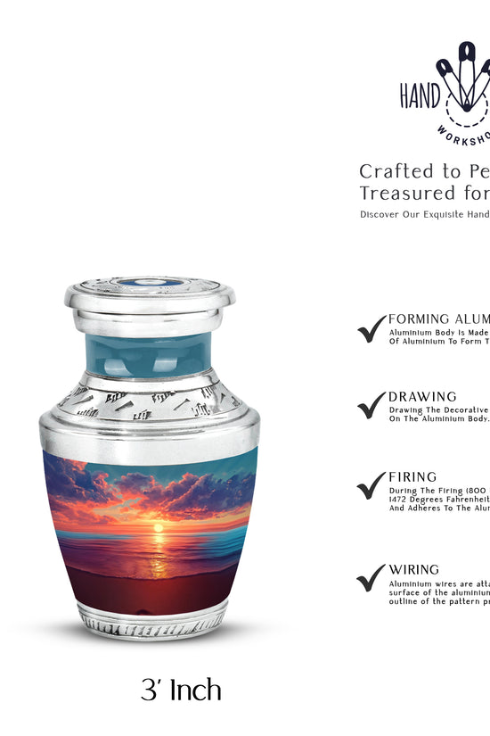 Soft Blue Beach Cremation Urn top-down view of secure threaded lid - stylized abstract beach pattern with bold lines - mini keepsake memorial for portion of cremation ashes
