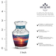 Soft Blue Beach Cremation Urn top-down view of secure threaded lid - stylized abstract beach pattern with bold lines - mini keepsake memorial for portion of cremation ashes