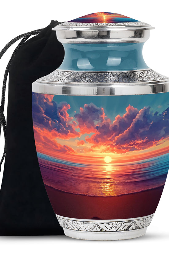 Dusty Blue Beach Cremation Urn side profile showing urn shape - modern art-inspired beach motif on sleek aluminum - full-size 10 inch 200 cubic inch adult cremation urn