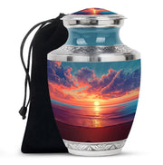 Dusty Blue Beach Cremation Urn side profile showing urn shape - modern art-inspired beach motif on sleek aluminum - full-size 10 inch 200 cubic inch adult cremation urn