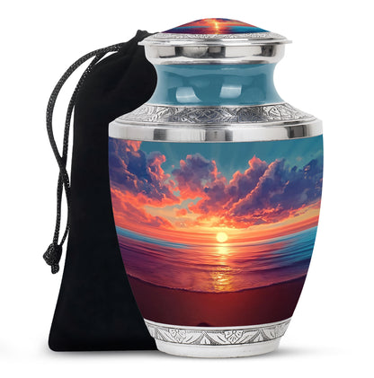 Dusty Blue Beach Cremation Urn side profile showing urn shape - modern art-inspired beach motif on sleek aluminum - full-size 10 inch 200 cubic inch adult cremation urn