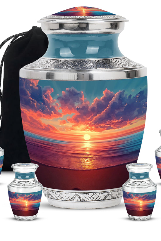 Slate Blue Beach Cremation Urn lifestyle display on memorial shelf - modern art-inspired beach motif on sleek aluminum - memorial set with one large and four small urns