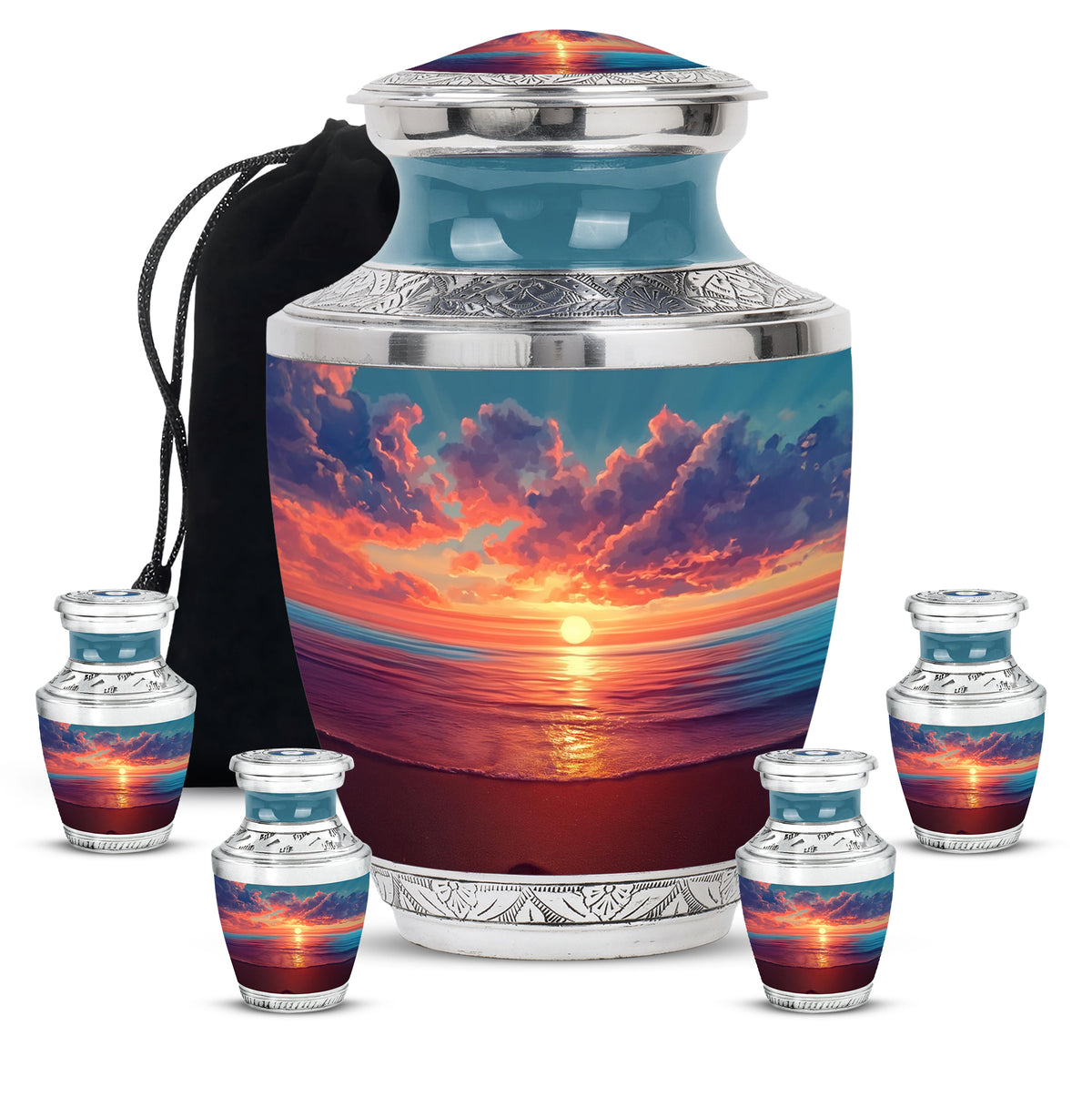 Slate Blue Beach Cremation Urn lifestyle display on memorial shelf - modern art-inspired beach motif on sleek aluminum - memorial set with one large and four small urns
