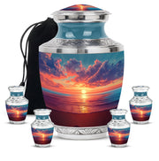 Slate Blue Beach Cremation Urn lifestyle display on memorial shelf - modern art-inspired beach motif on sleek aluminum - memorial set with one large and four small urns